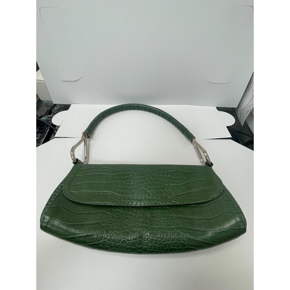 Green Faux Croc Embossed Shoulder Bag Baguette Style Silver Hardware